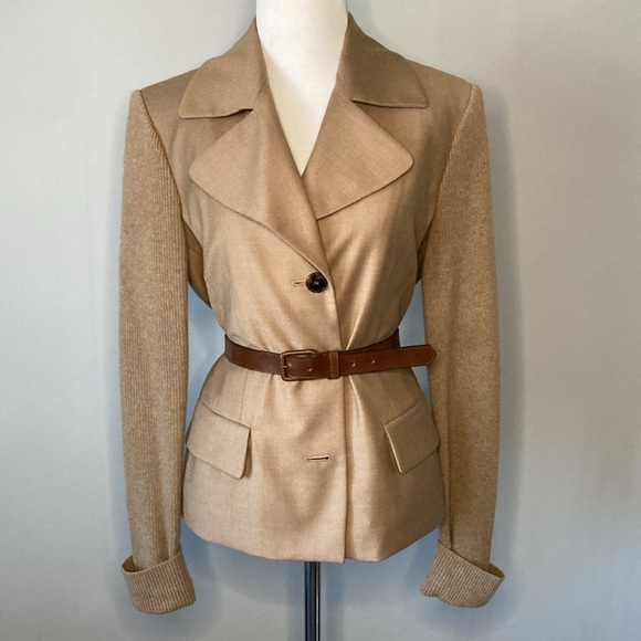 Anne Klein Elegant Tan Wool Cashmere Belted Blazer Knitted Sleeves Sz Med - Picture 4 of 9